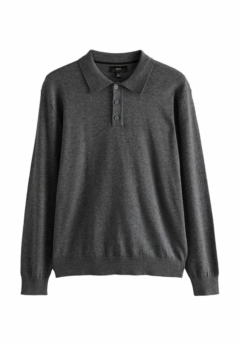 Dunkelgraues Langarm-Polohemd aus weichem Stoff, mit klassischem Kragen, Placket mit drei Knöpfen sowie gerippten Bündchen und Saum.
