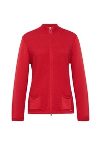 Roter Strickcardigan mit Reißverschluss vorne, hohem Kragen, gerippter Struktur, zwei Fronttaschen und einem dekorativen Ringzipper.