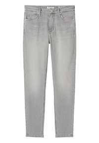 Vaqueros de denim gris claro con un corte ajustado, diseño de cinco bolsillos, ligeros desgastes y costuras en contraste. Presenta un cierre de botón de metal y pasadores para cinturón.