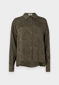 Langärmliges Hemd in Olivgrün mit einem gemusterten Design. Verfügt über einen Kragen und eine durchgehende Knopfleiste. Hergestellt aus leichtem Stoff mit einer glatten Textur.