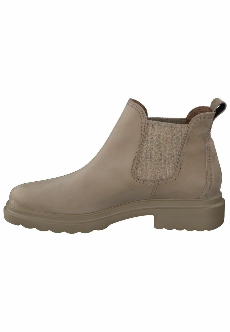 Botín de cuero beige hasta el tobillo con paneles laterales elásticos, inserciones de tela texturizada y una suela de goma resistente que presenta un ligero patrón de relieve.