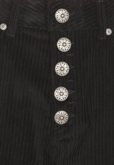 Tessuto di corduroy nero con righe verticali, caratterizzato da cinque bottoni metallici con motivi decorativi lungo la parte frontale.