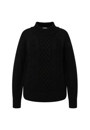 Černý pletený svetr s vysokým límcem, zdobený kabelovým vzorem a ribbovanými manžetami. Volný střih a dlouhé rukávy.