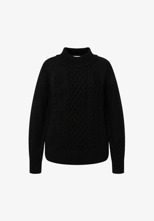 Zwarte gebreide sweater met een hoge kraag, voorzien van kabelstructuur en geribbelde manchetten. Losse pasvorm en lange mouwen.