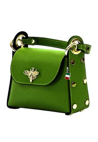 Green leather handbag with a gold bee emblem, contrasting black accents, and gold studs on the side. Features a top handle and decorative tag.