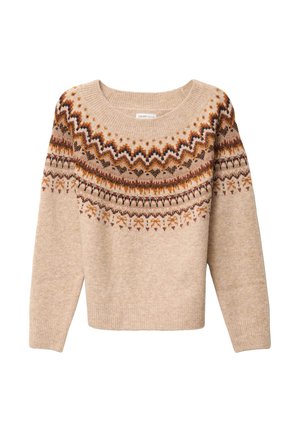Beige knit sweater with round neckline featuring intricate zigzag and dot patterns in brown, orange, and dark red across chest and shoulders.