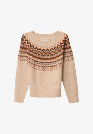 Beige gebreide trui met ronde hals, versierd met ingewikkelde zigzag- en stippatronen in bruin, oranje en donkerrood over de borst en schouders.