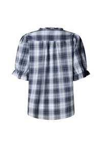 Blusa de manga corta con estampado a cuadros en azul y blanco, con escote fruncido y bordes de las mangas con volantes, confeccionada en un tejido ligero.