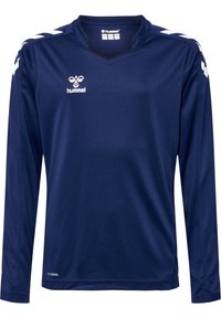 Granatowa sportowa koszulka z długim rękawem, wykonana z gładkiego materiału. Posiada dekolt w kształcie V, tonowane szwy oraz kontrastowe białe paski na ramionach z logo marki.