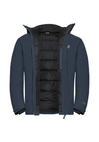 Giacca isolante blu navy con un esterno liscio, materiale in nylon, zip completa e cappuccio ampio. Interno foderato in tessuto nero trapuntato.