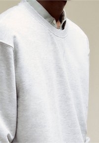 Felpa grigia chiara con scollatura rotonda e polsini a coste, sovrapposta a una camicia verde chiaro con colletto. La texture del tessuto è visibile e morbida.