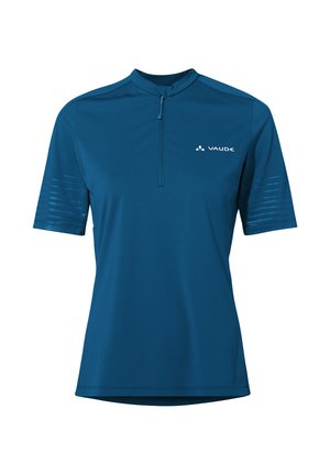 Blauw sportshirt met korte mouwen, een kwartrits en een wit Vaude-logo op de borst, met subtiele gestructureerde strepen op de mouwen.