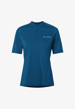 Blaues kurzärmeliges Sportshirt mit Viertelreißverschluss und weißem Vaude-Logo auf der Brust, mit dezenten strukturierten Streifen an den Ärmeln.