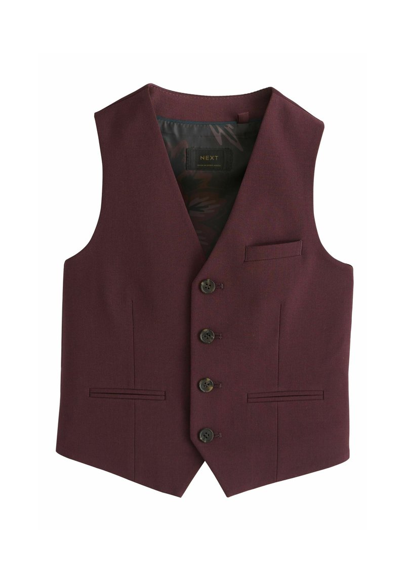Chaleco a medida para hombre en color burdeos con cuello en V, cuatro botones, un bolsillo en el pecho y dos bolsillos inferiores con ojal, forrado por dentro con satén.