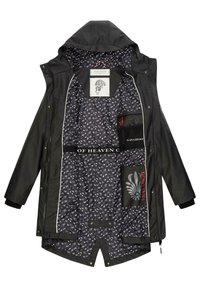 Black waterproof jacket with a hood; features a patterned inner lining, multiple interior pockets, and contrasting white trim.