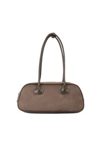 Borsa a tracolla in suede marrone con manici sintetici lisci di un marrone più scuro, forma arrotondata e una sottile placca con logo sul davanti. Chiusura con zip nella parte superiore.