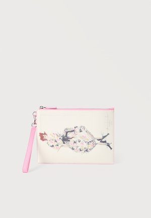 Rectangular clutch with pink zipper and wrist strap, featuring a watercolor illustration of a woman in a floral dress and black heels.