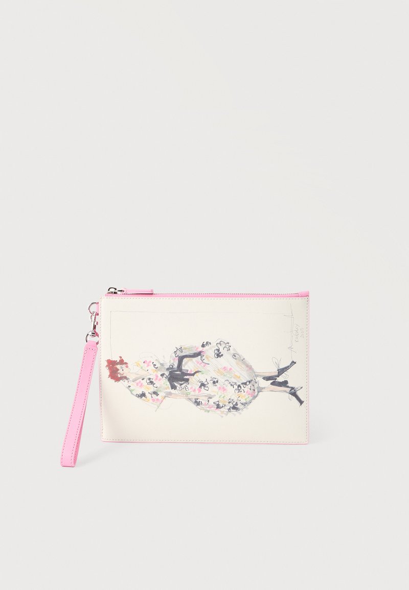 Ορθογώνια τσάντα χειρός με ροζ φερμουάρ και λουράκι για τον καρπό, με υδατογραφία μιας γυναίκας σε ανθισμένο φόρεμα και μαύρες ψηλοτάκουνες γόβες.