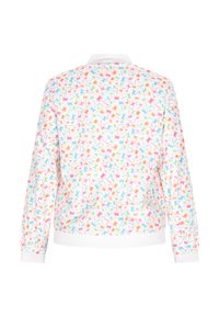Giacca bomber bianca con motivo colorato di palme nei toni di rosa, blu e arancione. Presenta un colletto e polsini a coste, oltre a una vestibilità comoda.