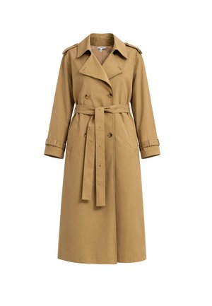 Long beige trench coat with double-breasted buttons, belted waist, cuff straps, shoulder epaulets, and two front pockets.