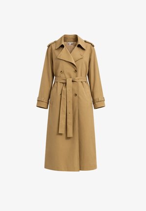 Manteau trench beige long avec boutons à double boutonnage, taille ceinturée, brides aux poignets, épaulettes et deux poches avant.