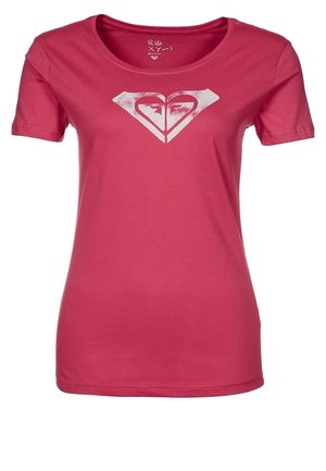 Różowa bawełniana koszulka z krótkim rękawem, z okrągłym dekoltem, z białym logo w kształcie serca z motywem strzały. Gładka faktura.