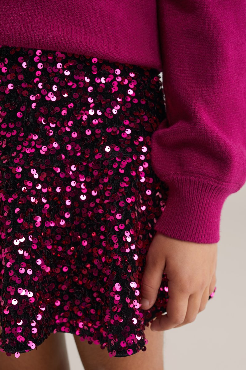 Falda negra cubierta de lentejuelas rosas, combinada con un vibrante suéter magenta. Las lentejuelas crean una superficie texturizada y reflectante, aumentando el interés visual.
