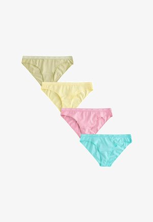 Quatre culottes en coton pour femmes en vert pastel, jaune, rose et bleu, disposées en diagonale sur fond blanc.