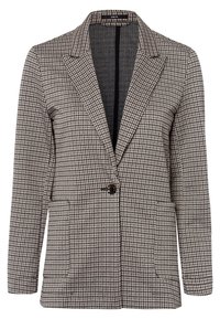 Marynarka w wzór houndstooth w czerni i beżu, z pojedynczym zapięciem na guzik, klapami w stylu notch oraz dwoma przednimi kieszeniami.