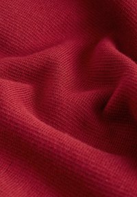 Red knitted fabric with a smooth texture, featuring a subtle ribbed pattern and gentle drapes, showcased in soft folds.