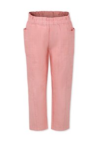 Roze linnen broek met een ontspannen pasvorm, elastische tailleband en twee zijzakken. De textuur is licht gekreukt voor een casual uitstraling.