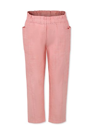 Pantalon en lin rose avec une coupe décontractée, taille élastique et deux poches latérales. La texture est légèrement froissée pour un look casual.