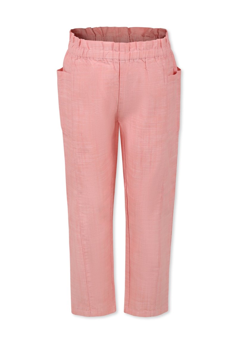 Roze linnen broek met een ontspannen pasvorm, elastische tailleband en twee zijzakken. De textuur is licht gekreukt voor een casual uitstraling.