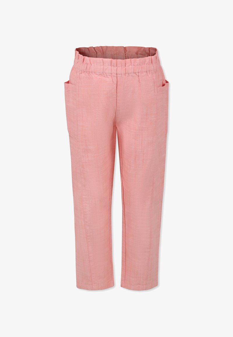 Roze linnen broek met een ontspannen pasvorm, elastische tailleband en twee zijzakken. De textuur is licht gekreukt voor een casual uitstraling.