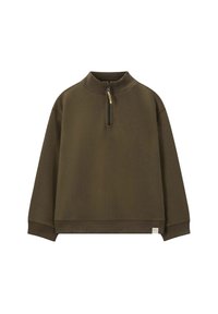 Olijfgroene, lange mouw pullover met een hoge kraag en halve rits, voorzien van een gestructureerde stof en een klein merketiket aan de zoom.