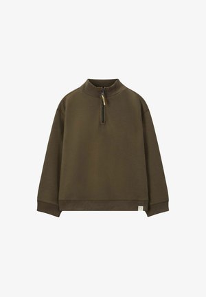 Olijfgroene, lange mouw pullover met een hoge kraag en halve rits, voorzien van een gestructureerde stof en een klein merketiket aan de zoom.