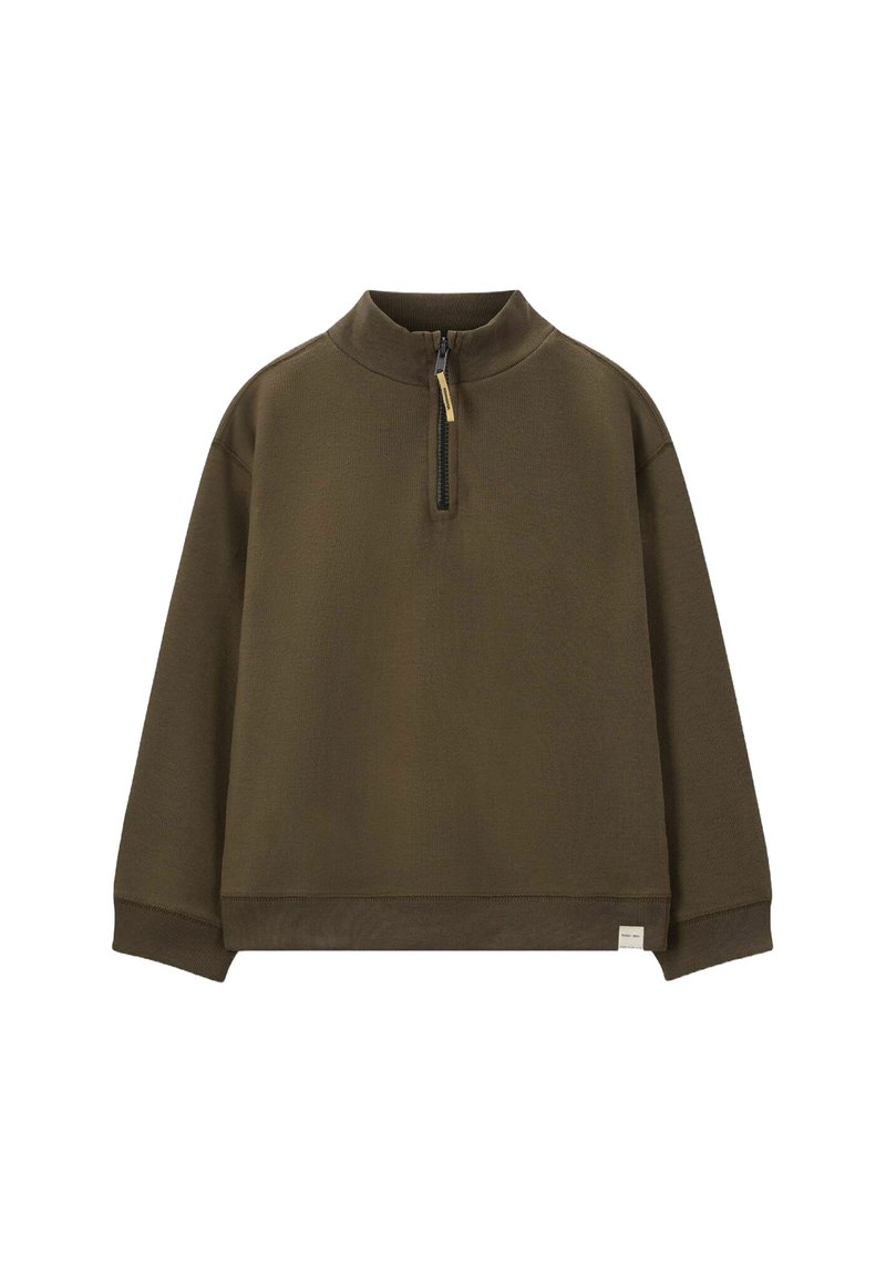 Olijfgroene, lange mouw pullover met een hoge kraag en halve rits, voorzien van een gestructureerde stof en een klein merketiket aan de zoom.