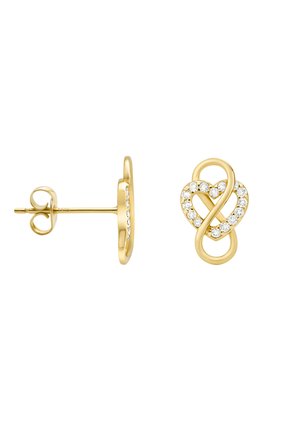 Guldtonede øreringe med et uendelighedsloopdesign, prydet med funklede klare rhinsten, med post-bag lukning.