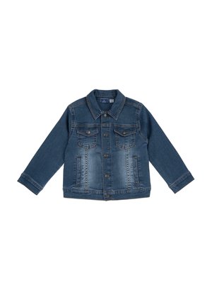 Veste en denim bleu avec fermeture à boutons, deux poches poitrine à boutons et deux poches latérales verticales, exposée à plat avec les manches étendues.