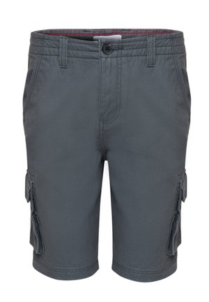 Pantalones cortos cargo de color gris oscuro con cierre de botón y cremallera, pasadores para cinturón, bolsillos laterales y bolsillos con solapa en ambas piernas.