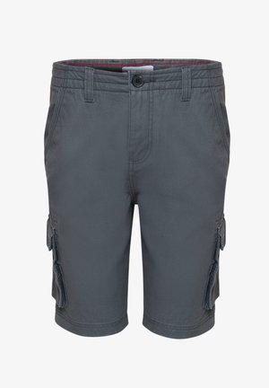 Pantalones cortos cargo de color gris oscuro con cierre de botón y cremallera, pasadores para cinturón, bolsillos laterales y bolsillos con solapa en ambas piernas.