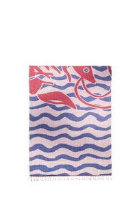 Beach towel with blue wave patterns and red squid designs on a light background, fringed edges on one side.