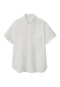 Chemise à manches courtes en lin blanc avec col, poche avant, fermeture par boutons et ourlet arrondi. Texture lisse, design décontracté.