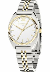 Silber- und goldfarbene Edelstahl-Uhr mit weißem Zifferblatt, goldenen Akzenten, minimalistischem Design und einem Gliederarmband mit abwechselnden goldenen und silbernen Gliedern.