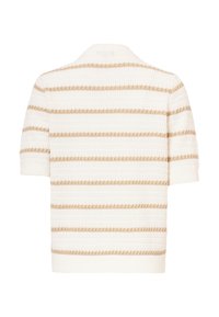 Korte mouw trui in crèmekleur met beige strepen. Getextureerde brei stof, geribde kraag en zoom. Heeft een relaxte pasvorm en neutrale tinten.
