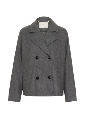 Veste double boutonnage en mélange de laine grise, ornée de grands boutons noirs, de larges revers et d'une coupe légèrement raccourcie avec des manches droites.