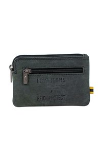 Cartera de cuero protectora RFID en gris oscuro, con un compartimento con cremallera, superficie texturizada y detalles de marca impresos.