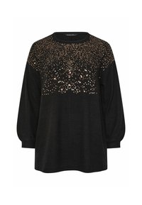 Czarny longsleeve z okrągłym dekoltem, pokryty gęsto rozsypanymi złotymi cekinami na górnej części klatki piersiowej i ramionach.