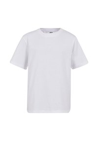 Ein schlichtes, weißes T-Shirt mit kurzen Ärmeln und Rundhalsausschnitt, mit geradem Saum, auf einem einfarbigen weißen Hintergrund präsentiert.