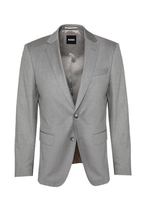 Grauer Blazer aus strukturiertem Stoff, einreihiger Stil, zwei vordere Taschen, Reverskragen und zwei Knopfverschluss. Gefüttertes Innenleben mit Etikett.